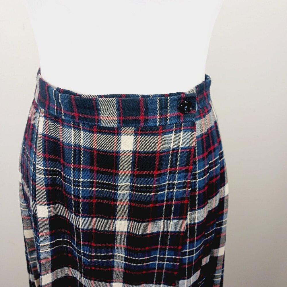 Vintage F.A. Chatta SZ 10 Wool Plaid Pleated Wrap Skirt, Navy/Red/Cream Academia - Picture 7 of 13